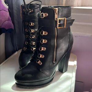 Black Zip-Up Ankle Boots with Gold Accents